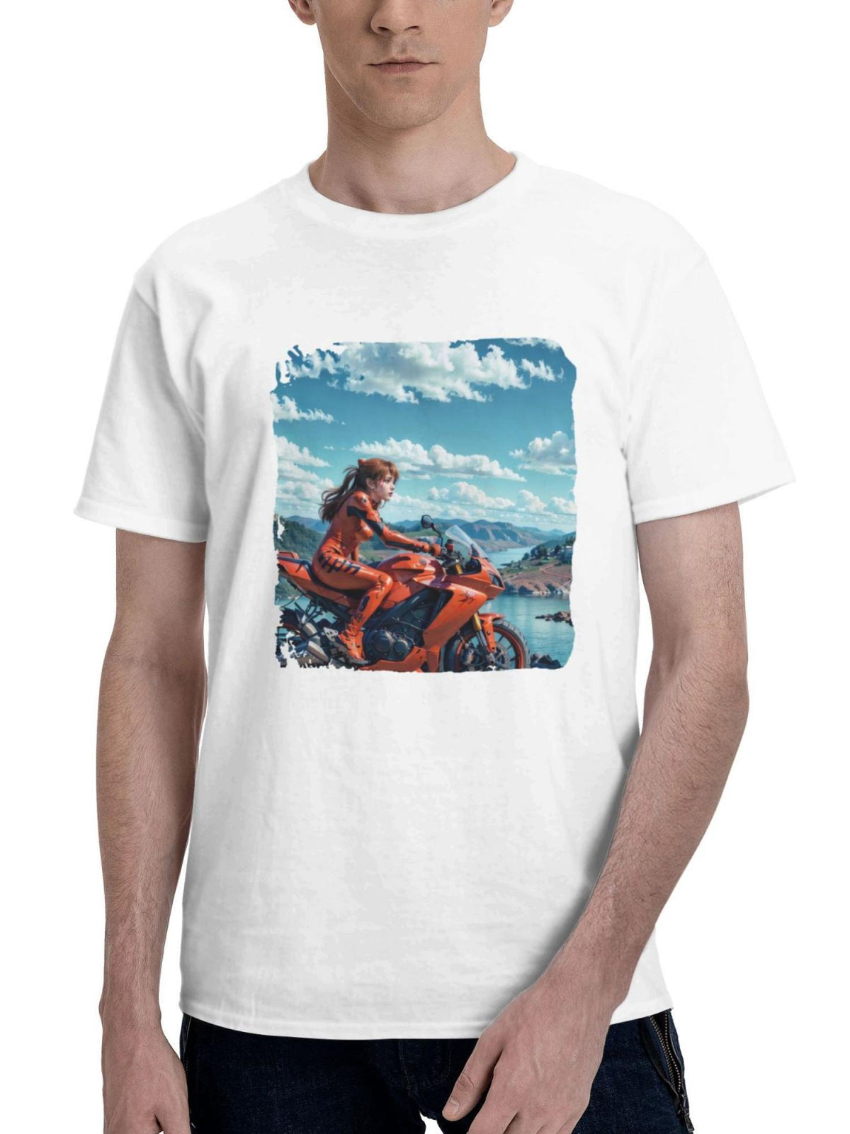 Asuka Langley Soryu On Bike 180G 100% Cotton Printed Round Neck Short-Sleeve T-Shirt, Gifts for Men Dad Husband Grandpa, S-XXXL, White