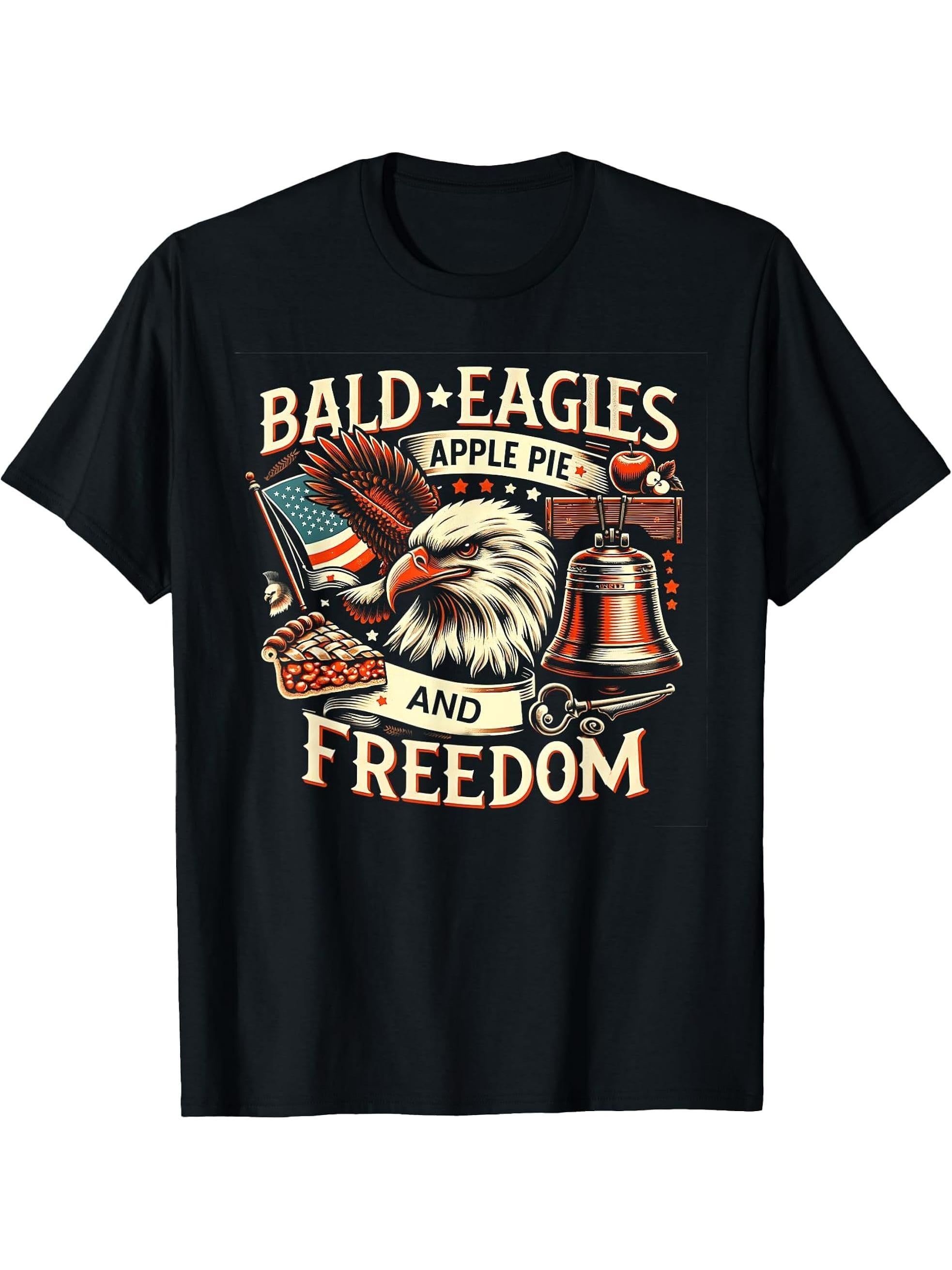Bald Eagle American Freedom 4th Of July USA Pride Gift T-Shirt 180G 100% Cotton Printed Round Neck Short-Sleeve T-Shirt, Gifts for Men Dad Husband Grandpa, S-XXXL, Black
