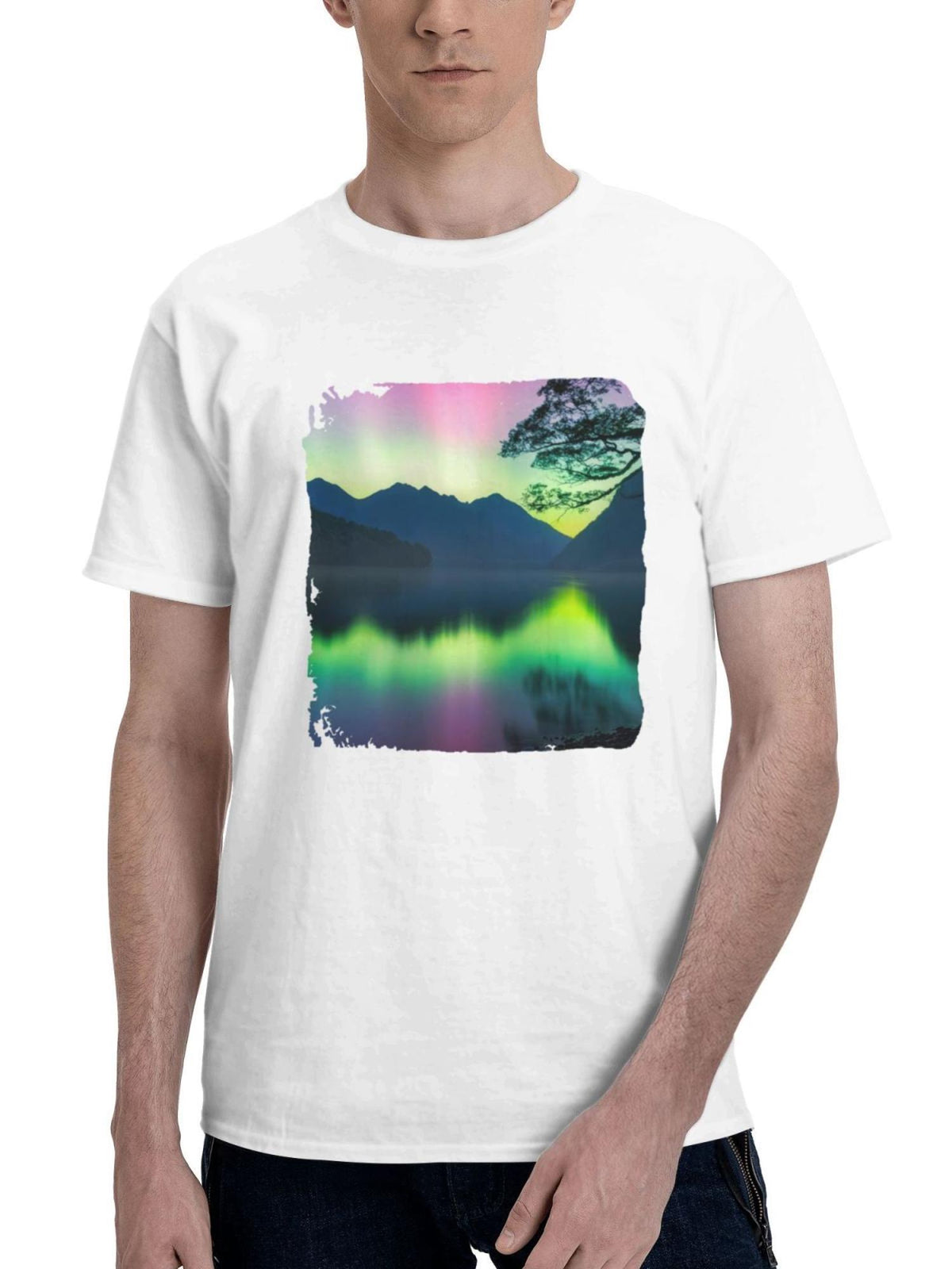 Aurora Lights On Fiordland New Zealand 180G 100% Cotton Printed Round Neck Short-Sleeve T-Shirt, Gifts for Men Dad Husband Grandpa, S-XXXL, White