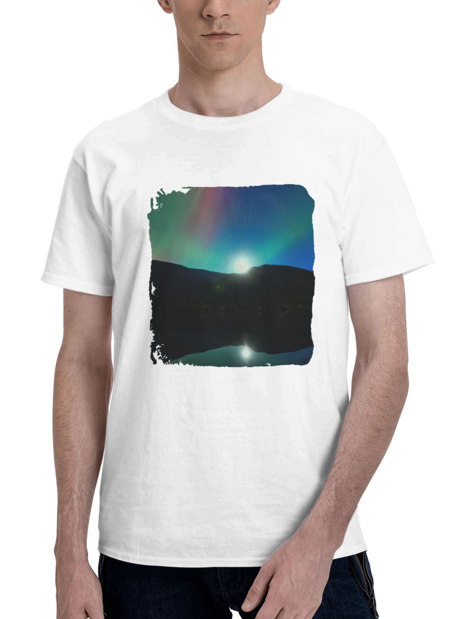 Aurora Night Mountains Reflection 180G 100% Cotton Printed Round Neck Short-Sleeve T-Shirt, Gifts for Men Dad Husband Grandpa, S-XXXL, White