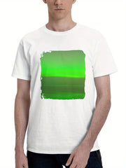 Aurora Northern Lights Over Body Of Water 180G 100% Cotton Printed Round Neck Short-Sleeve T-Shirt, Gifts for Men Dad Husband Grandpa, S-XXXL, White