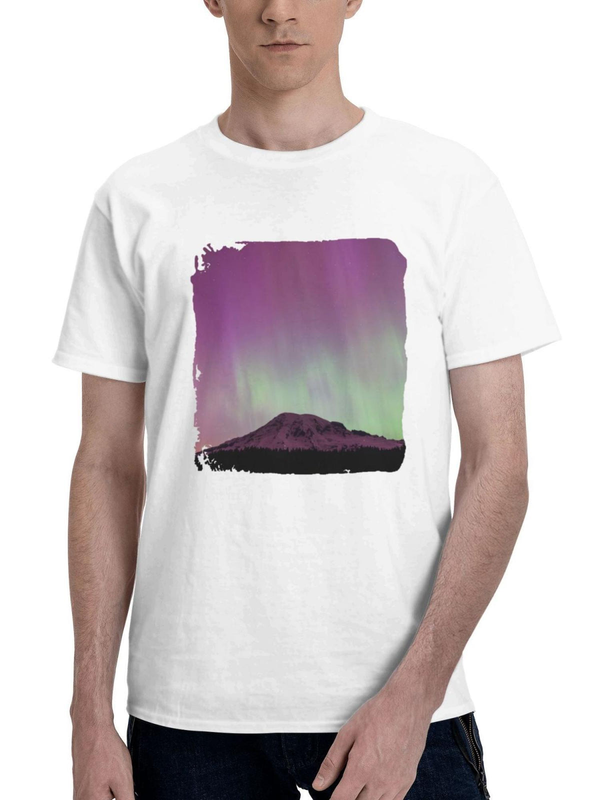 Aurora Over Mt Rainier 180G 100% Cotton Printed Round Neck Short-Sleeve T-Shirt, Gifts for Men Dad Husband Grandpa, S-XXXL, White