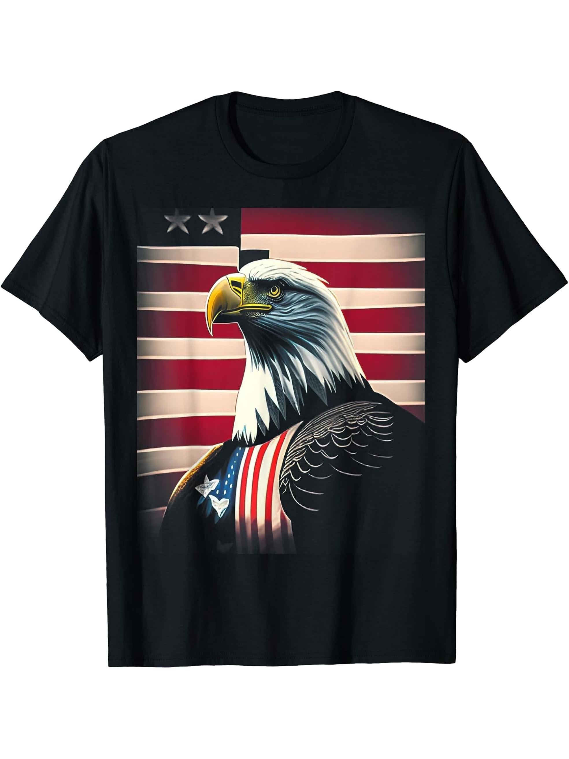 Freedom 4th of July Bald Eagle Murica American Flag T-Shirt 180G 100% Cotton Printed Round Neck Short-Sleeve T-Shirt, Gifts for Men Dad Husband Grandpa, S-XXXL, Black