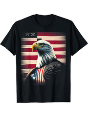 Freedom 4th of July Bald Eagle Murica American Flag T-Shirt 180G 100% Cotton Printed Round Neck Short-Sleeve T-Shirt, Gifts for Men Dad Husband Grandpa, S-XXXL, Black