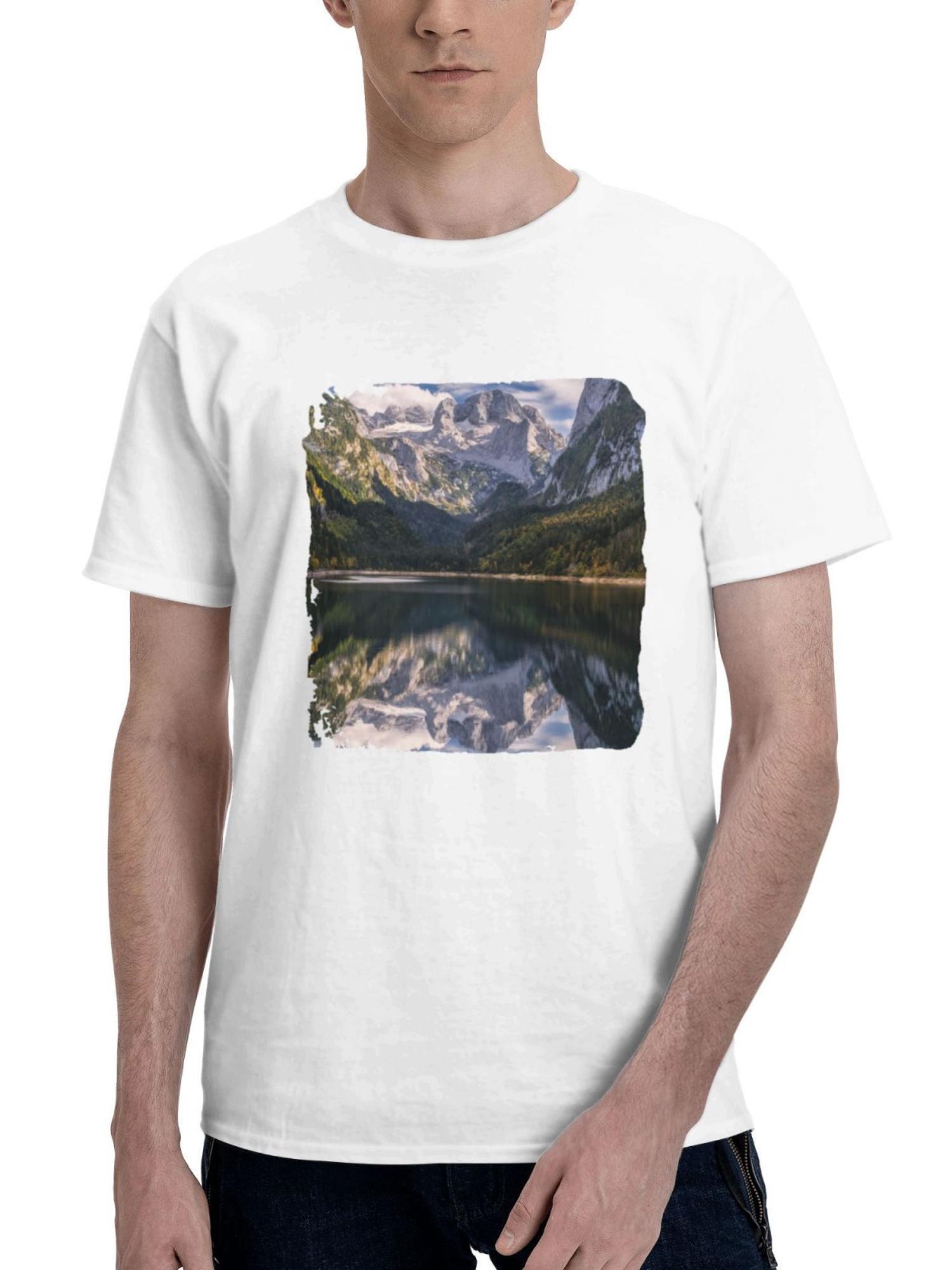 Austria Mountains Lake Autumn Scenery 180G 100% Cotton Printed Round Neck Short-Sleeve T-Shirt, Gifts for Men Dad Husband Grandpa, S-XXXL, White