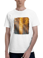 Autumn Forest Road Sunbeams 180G 100% Cotton Printed Round Neck Short-Sleeve T-Shirt, Gifts for Men Dad Husband Grandpa, S-XXXL, White