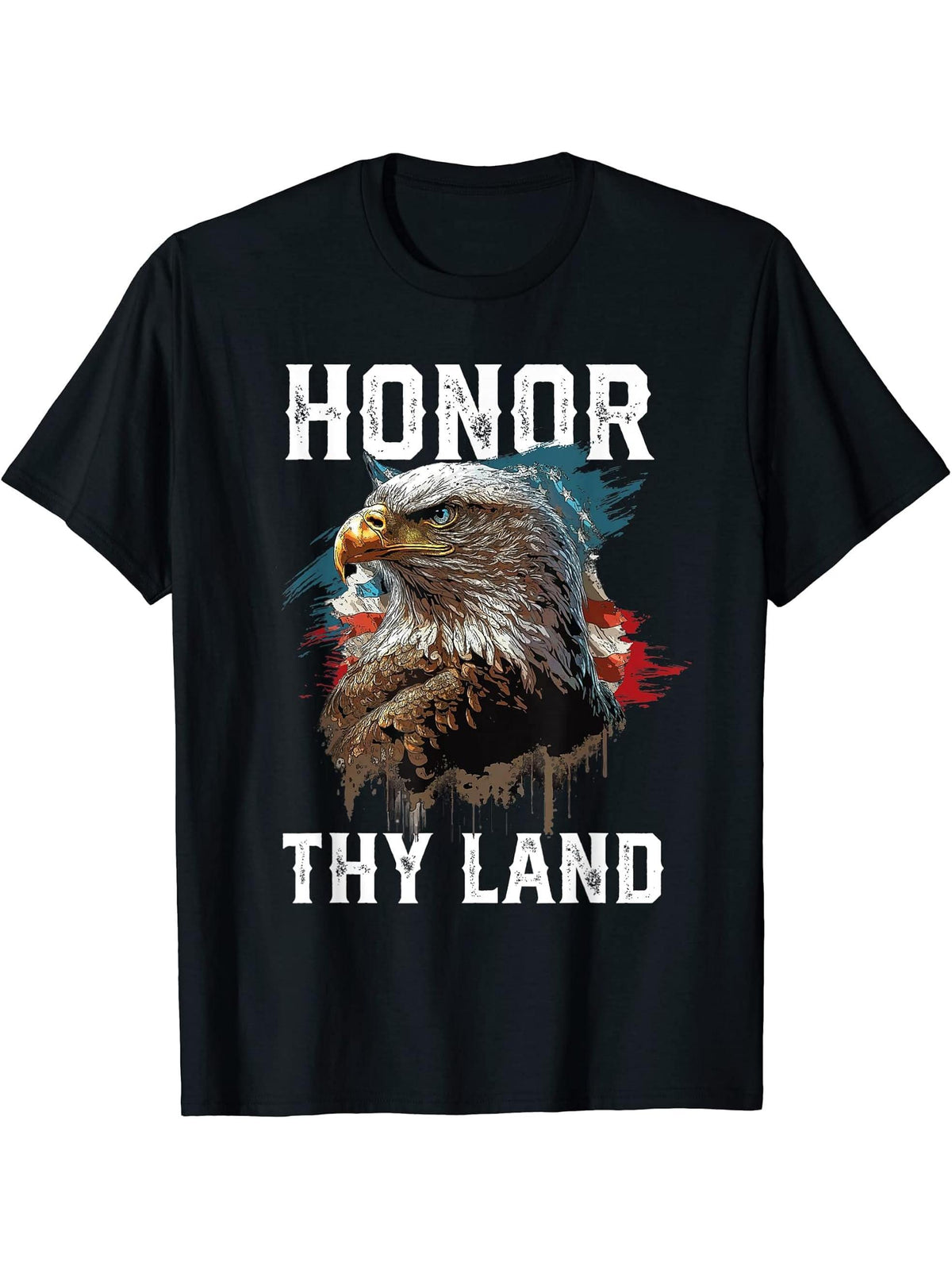 Honor Thy Land American Bald Eagle America USA Flag T-Shirt 180G 100% Cotton Printed Round Neck Short-Sleeve T-Shirt, Gifts for Men Dad Husband Grandpa, S-XXXL, Black