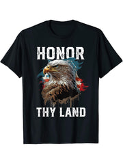 Honor Thy Land American Bald Eagle America USA Flag T-Shirt 180G 100% Cotton Printed Round Neck Short-Sleeve T-Shirt, Gifts for Men Dad Husband Grandpa, S-XXXL, Black