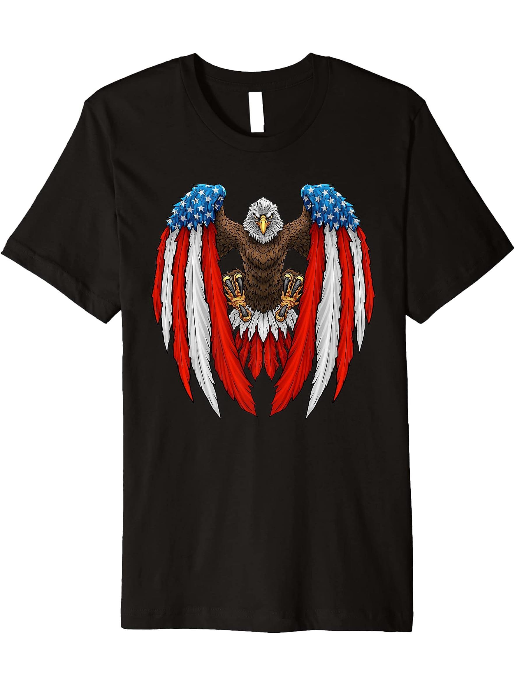 Flying American Bald Eagle USA Patriotic Eagles Flag Wings Premium T-Shirt 180G 100% Cotton Printed Round Neck Short-Sleeve T-Shirt, Gifts for Men Dad Husband Grandpa, S-XXXL, Black