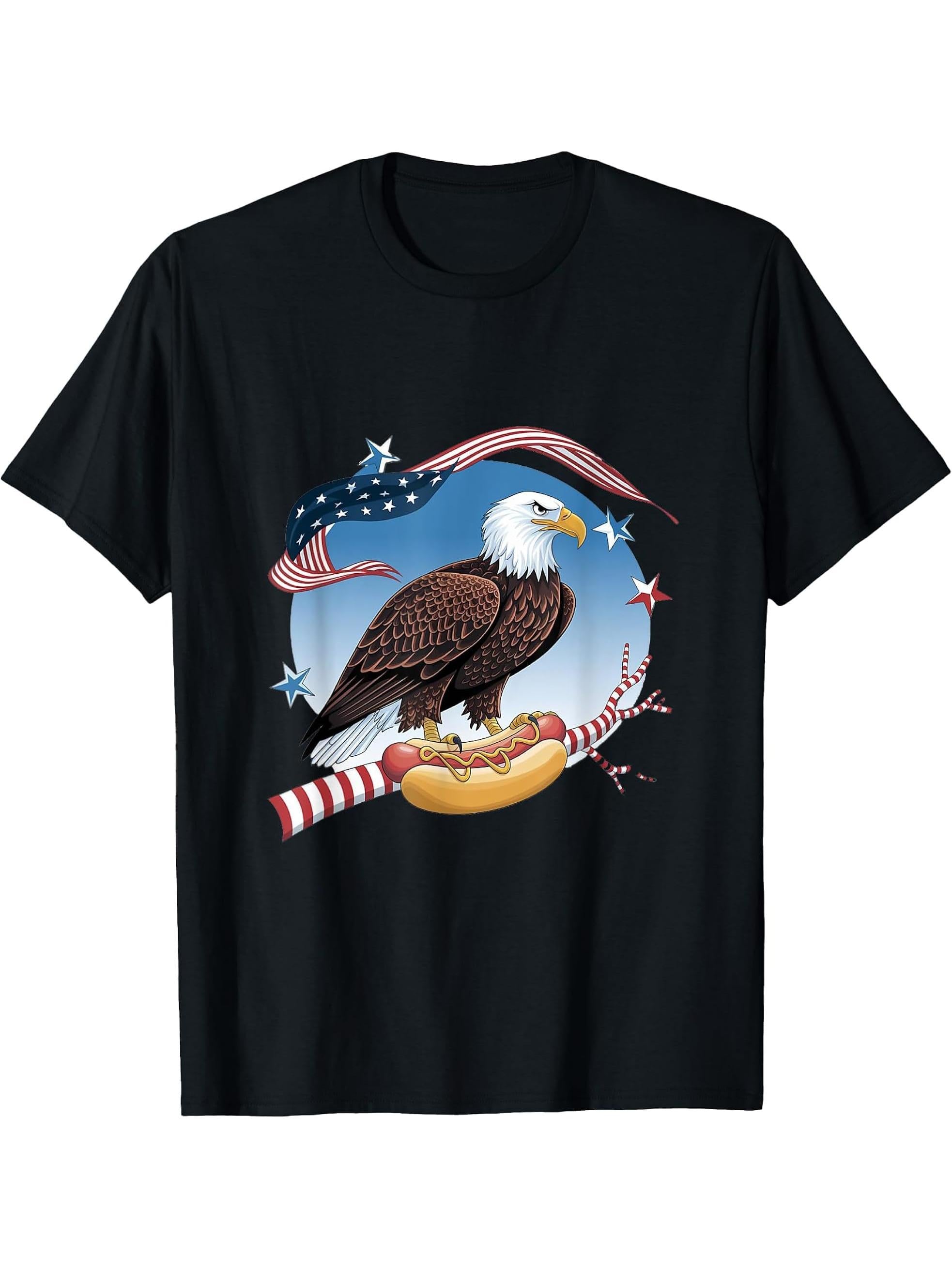 Funny Bald Eagle Hotdog American Flag 4th Of July Patriotic T-Shirt 180G 100% Cotton Printed Round Neck Short-Sleeve T-Shirt, Gifts for Men Dad Husband Grandpa, S-XXXL, Black
