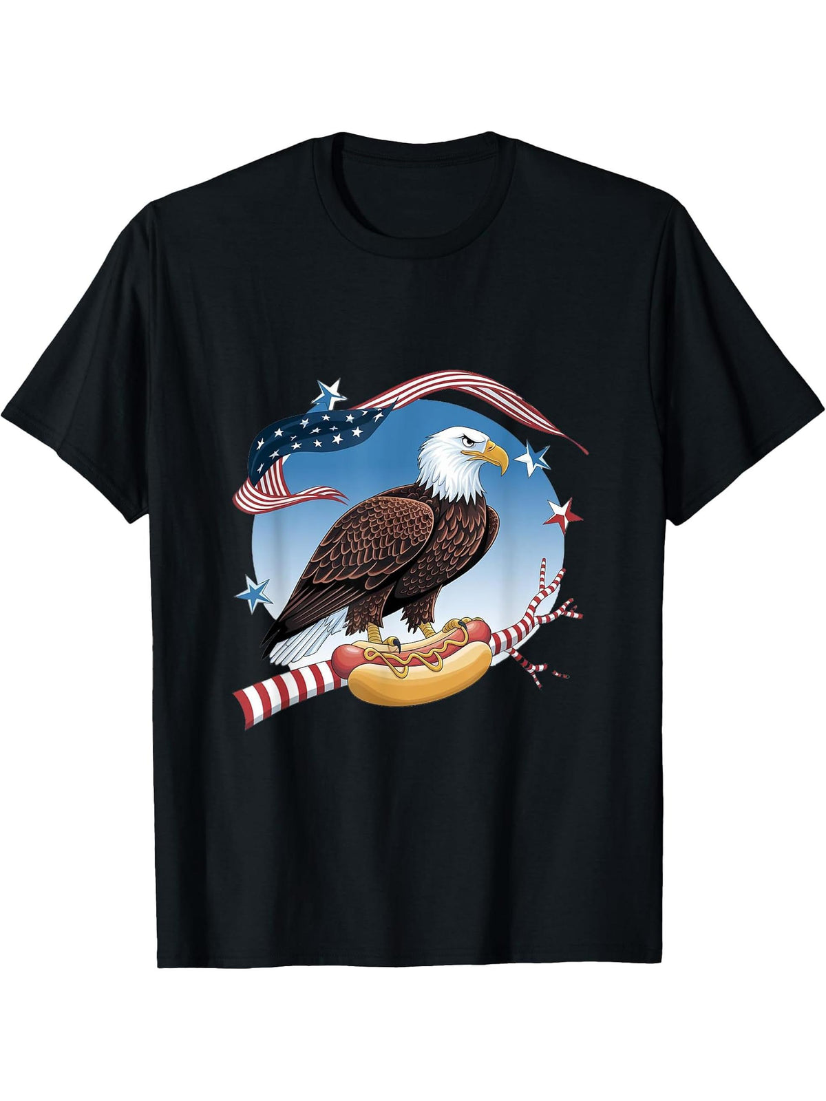 Funny Bald Eagle Hotdog American Flag 4th Of July Patriotic T-Shirt 180G 100% Cotton Printed Round Neck Short-Sleeve T-Shirt, Gifts for Men Dad Husband Grandpa, S-XXXL, Black