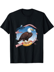 Funny Bald Eagle Hotdog American Flag 4th Of July Patriotic T-Shirt 180G 100% Cotton Printed Round Neck Short-Sleeve T-Shirt, Gifts for Men Dad Husband Grandpa, S-XXXL, Black