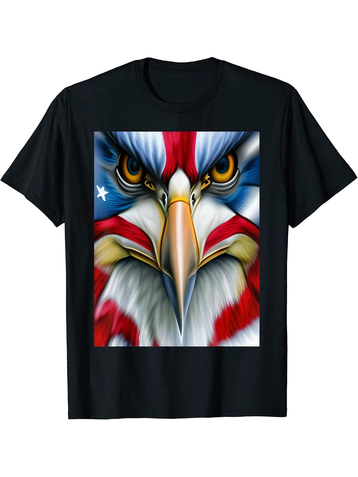 Bald Eagle Front View American Flag Design USA 4th of July T-Shirt 180G 100% Cotton Printed Round Neck Short-Sleeve T-Shirt, Gifts for Men Dad Husband Grandpa, S-XXXL, Black