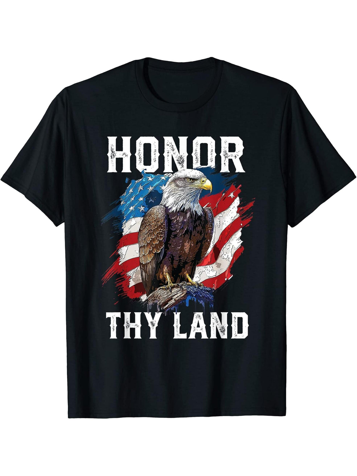 Honor Thy Land American Bald Eagle America USA Flag T-Shirt 180G 100% Cotton Printed Round Neck Short-Sleeve T-Shirt, Gifts for Men Dad Husband Grandpa, S-XXXL, Black