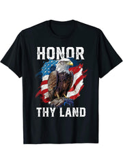 Honor Thy Land American Bald Eagle America USA Flag T-Shirt 180G 100% Cotton Printed Round Neck Short-Sleeve T-Shirt, Gifts for Men Dad Husband Grandpa, S-XXXL, Black