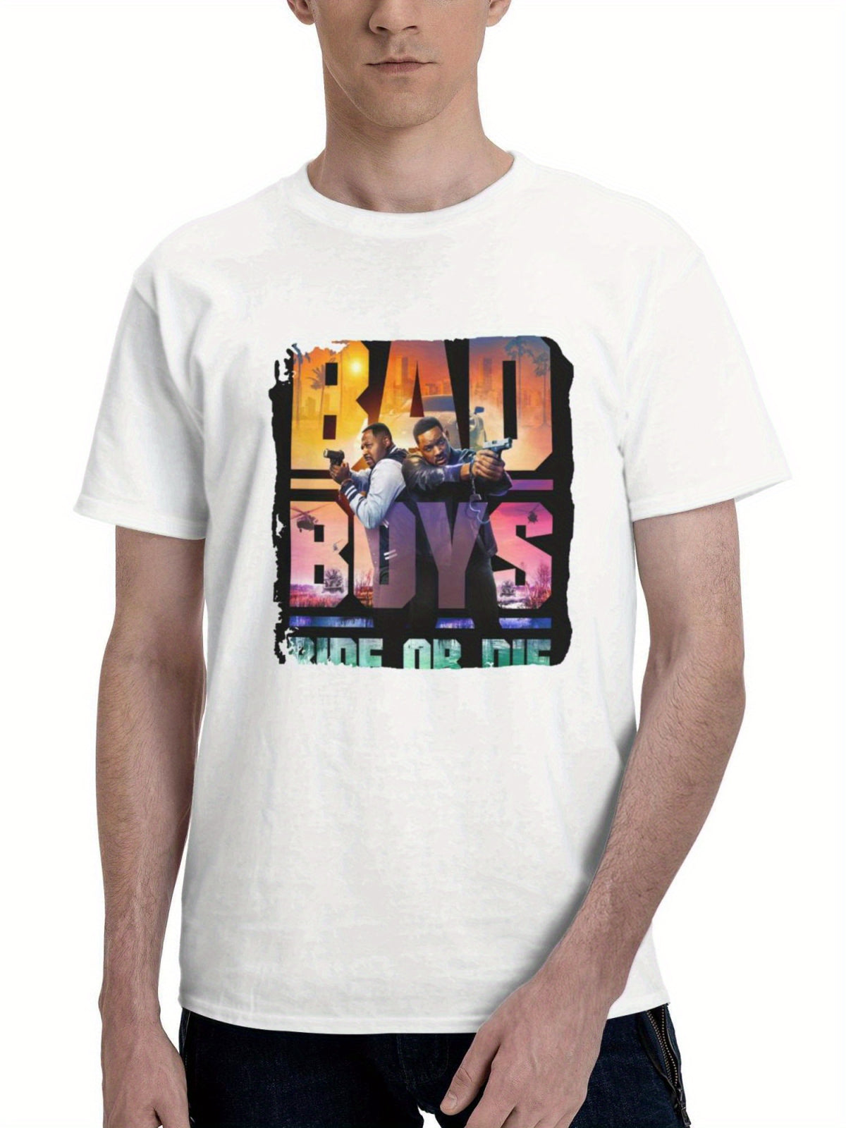 Bad Boys Ride Or Die 180G 100% Cotton Printed Round Neck Short-Sleeve T-Shirt, Gifts for Men Dad Husband Grandpa, S-XXXL, White