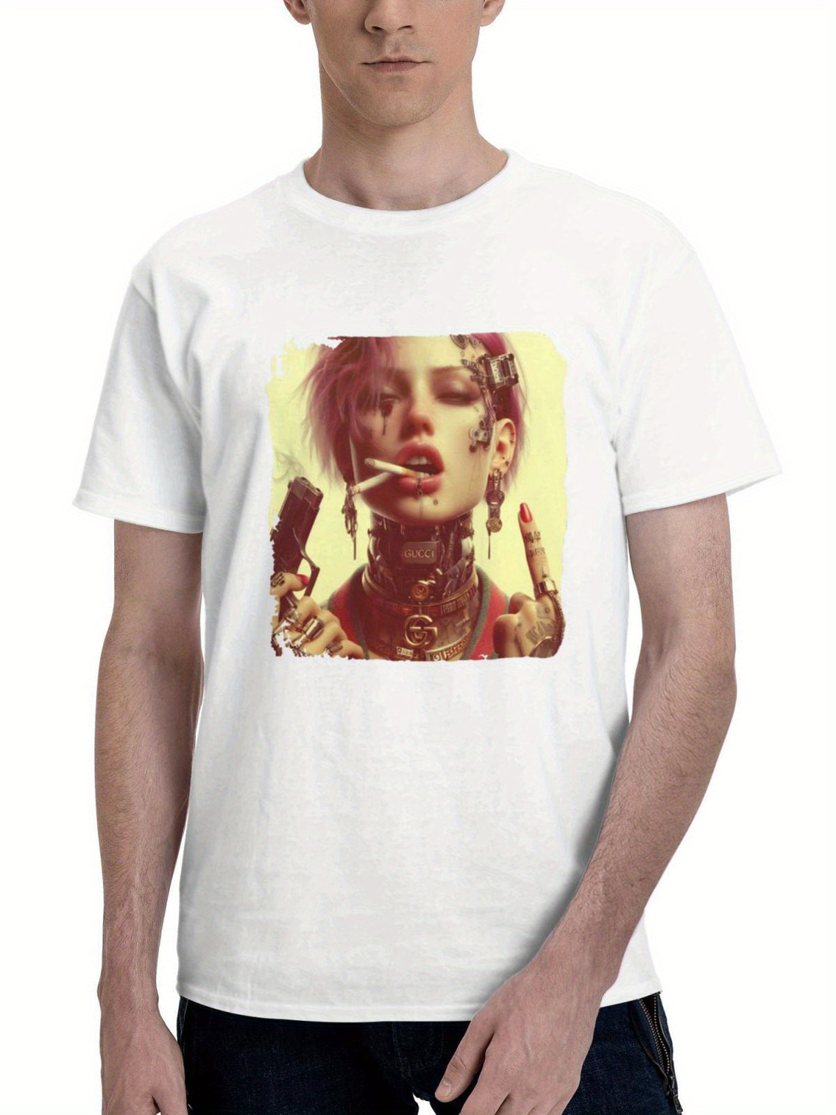 Badass Cyberpunk Queen 180G 100% Cotton Printed Round Neck Short-Sleeve T-Shirt, Gifts for Men Dad Husband Grandpa, S-XXXL, White