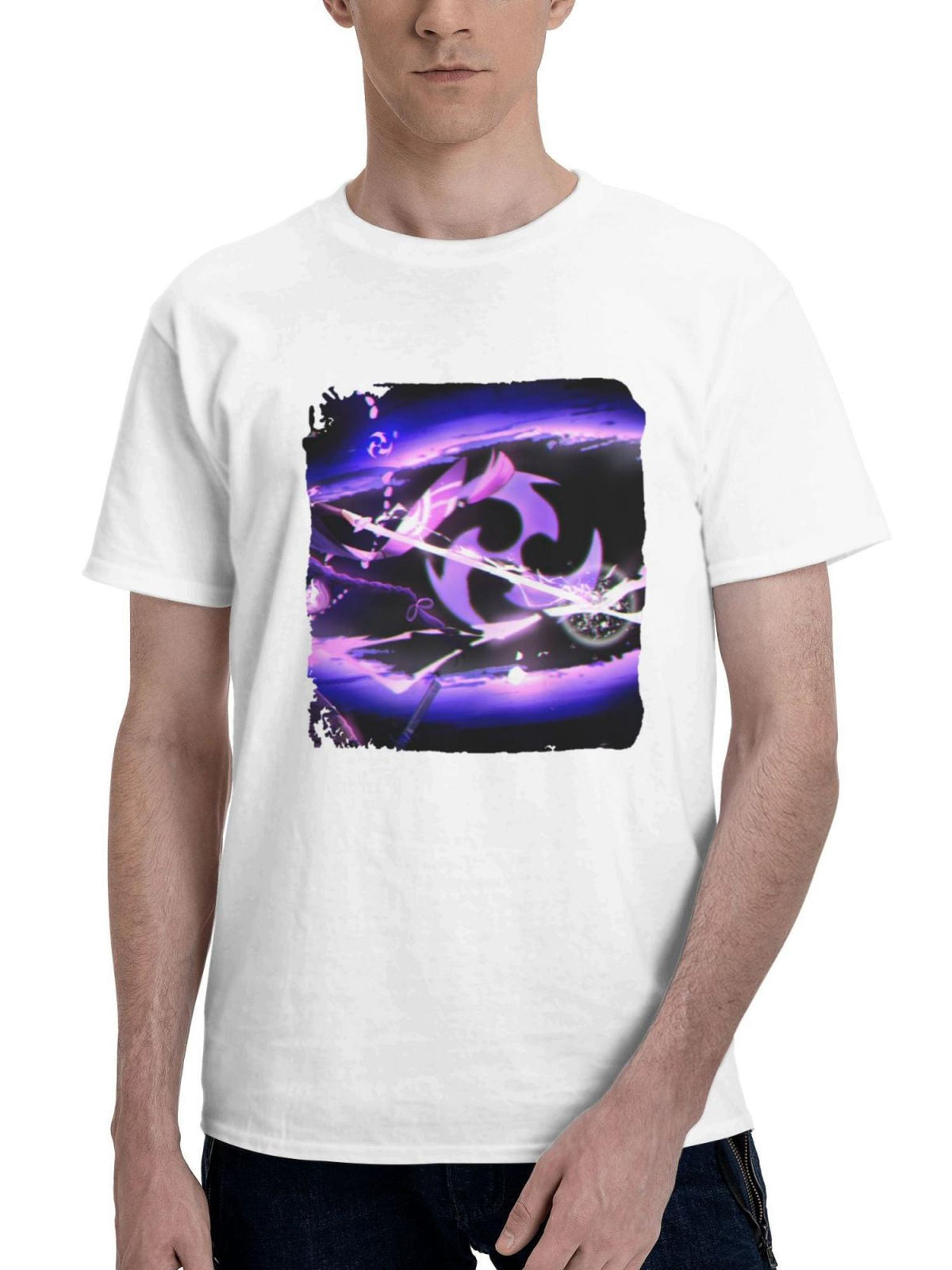 2023 Raiden Shogun Genshin Impact 180G 100% Cotton Printed Round Neck Short-Sleeve T-Shirt, Gifts for Men Dad Husband Grandpa, S-XXXL, White