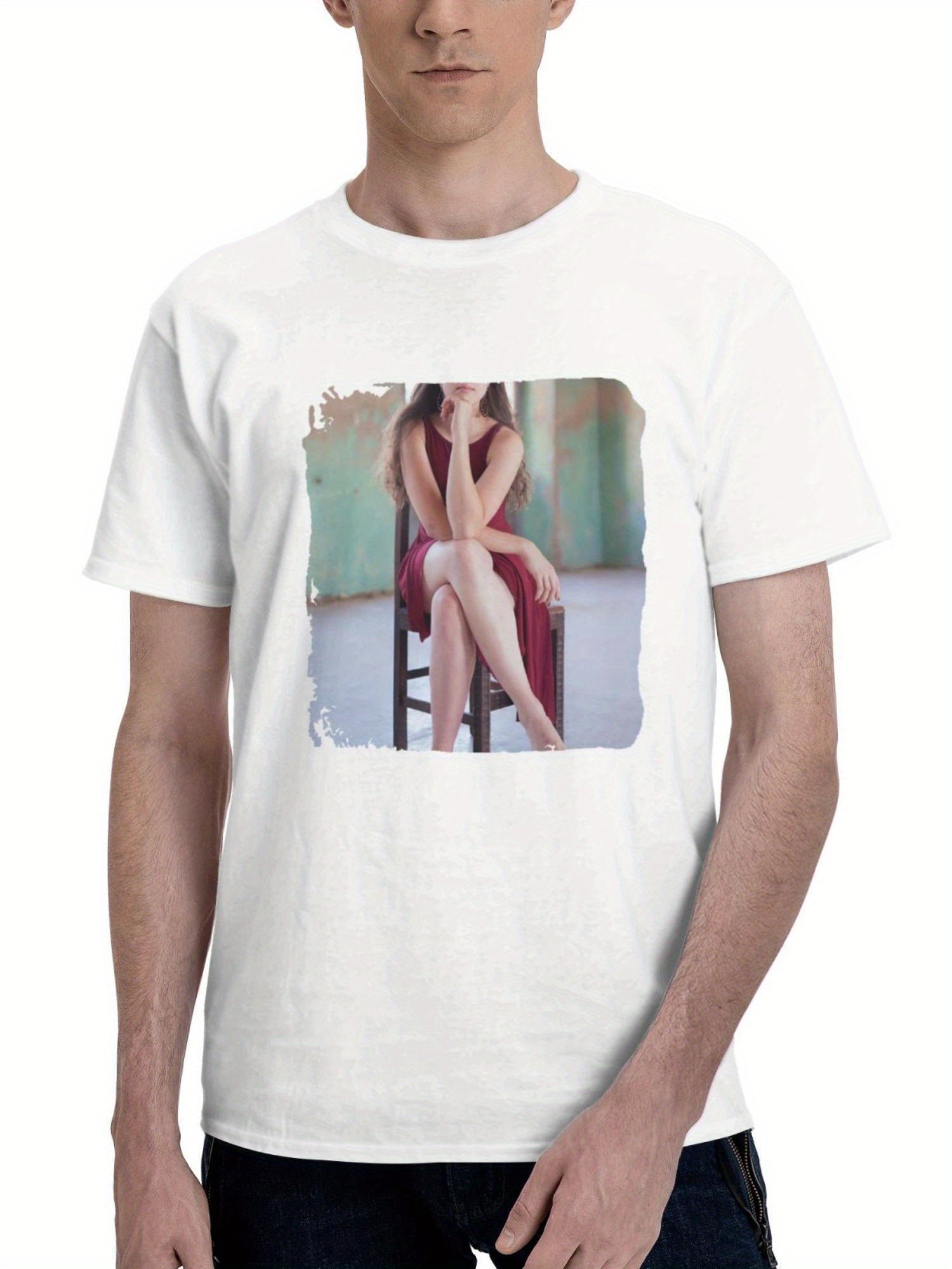 Ballerina Dancer Sitting On Chair 180G 100% Cotton Printed Round Neck Short-Sleeve T-Shirt, Gifts for Men Dad Husband Grandpa, S-XXXL, White