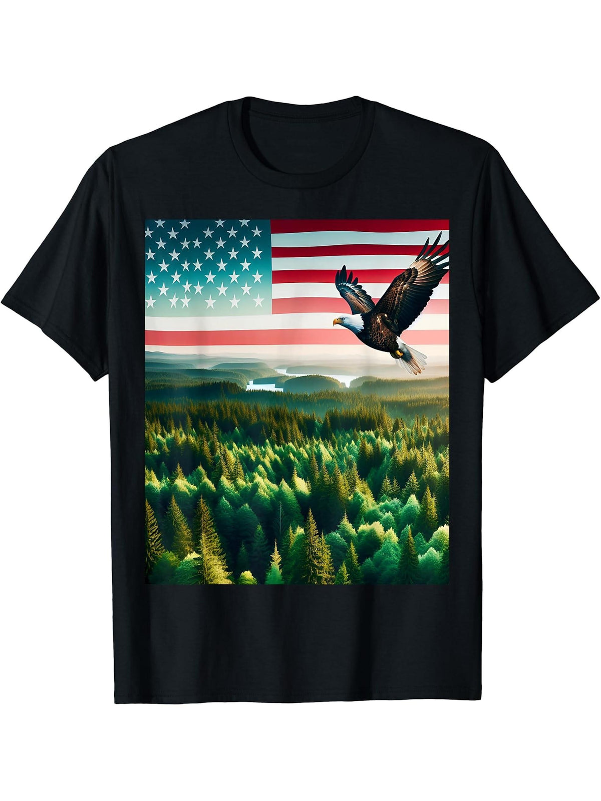 Bald Eagle Over National Forest With Flag T-Shirt 180G 100% Cotton Printed Round Neck Short-Sleeve T-Shirt, Gifts for Men Dad Husband Grandpa, S-XXXL, Black