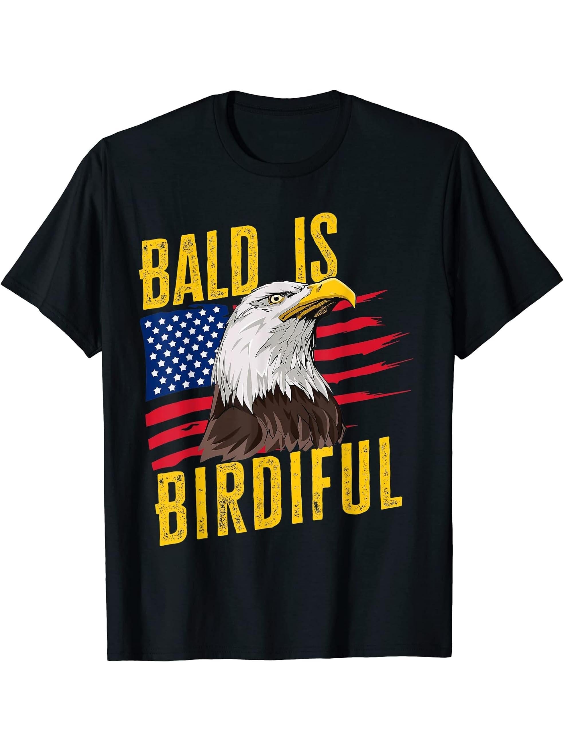 Bald Is Beautiful 4th of July Funny Bald Eagle American Flag T-Shirt 180G 100% Cotton Printed Round Neck Short-Sleeve T-Shirt, Gifts for Men Dad Husband Grandpa, S-XXXL, Black