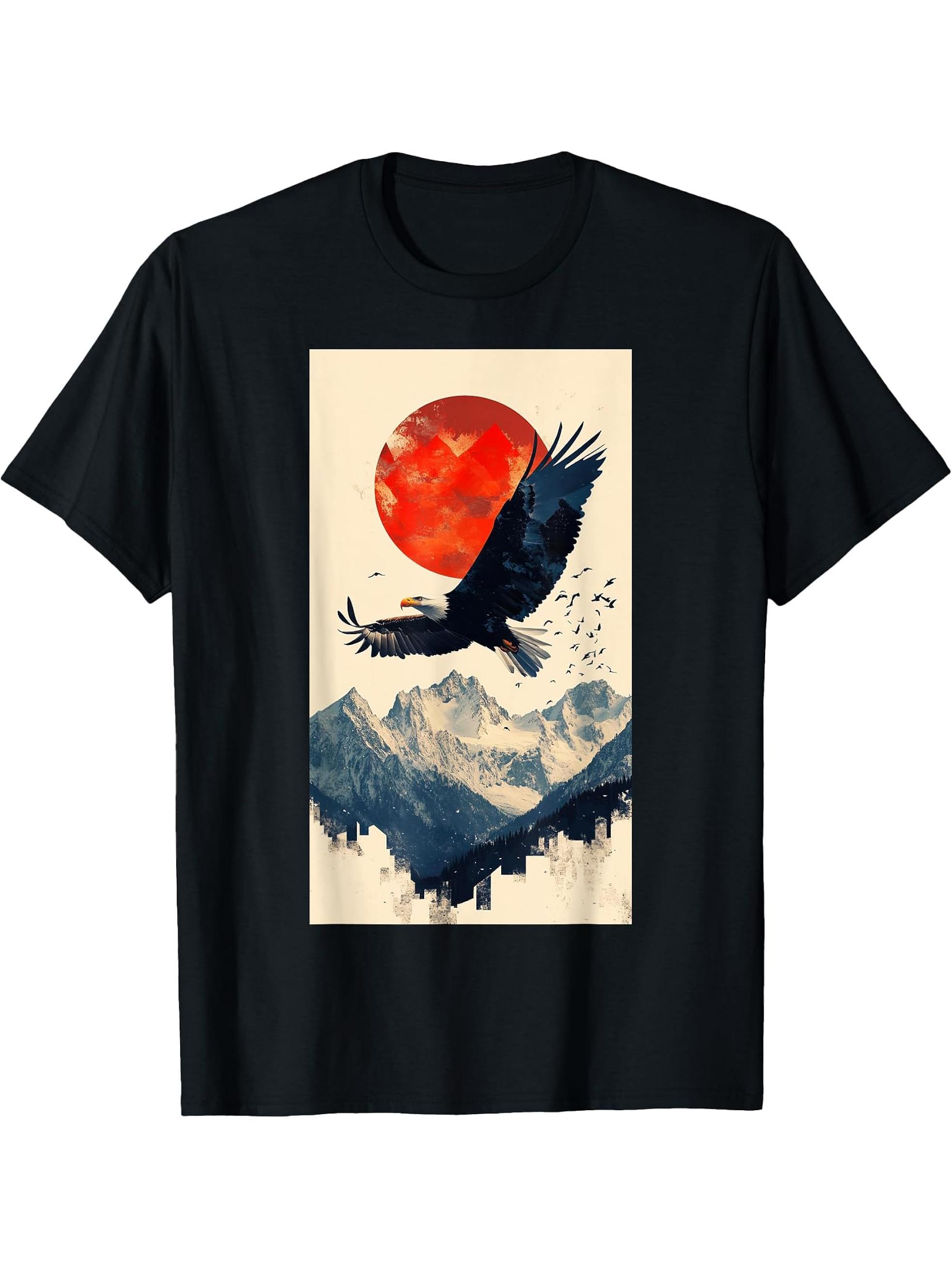 Bald Eagle Mountains Geometric Wildlife art T-Shirt 180G 100% Cotton Printed Round Neck Short-Sleeve T-Shirt, Gifts for Men Dad Husband Grandpa, S-XXXL, Black