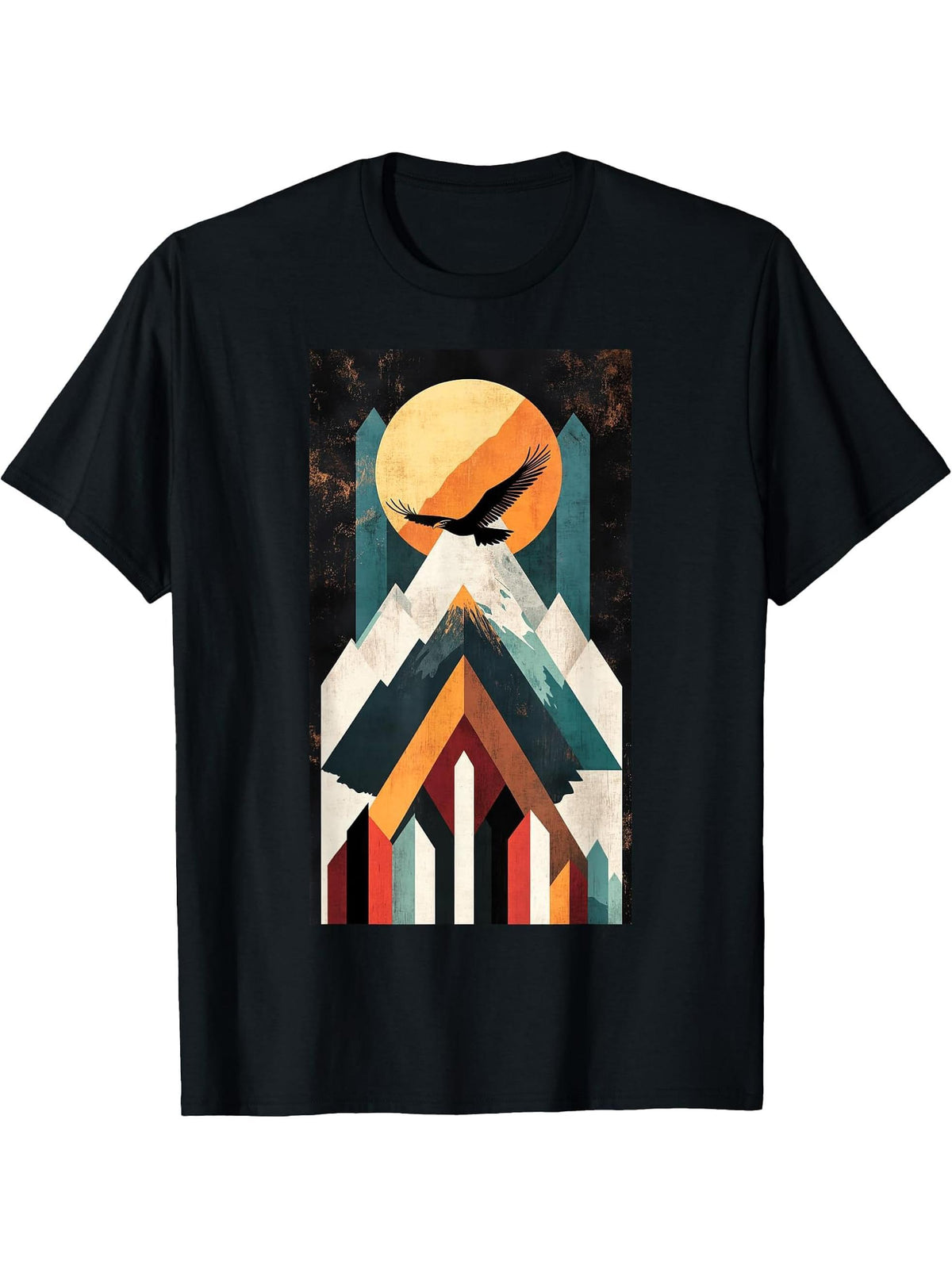 Bald Eagle Mountains Geometric Wildlife art T-Shirt 180G 100% Cotton Printed Round Neck Short-Sleeve T-Shirt, Gifts for Men Dad Husband Grandpa, S-XXXL, Black