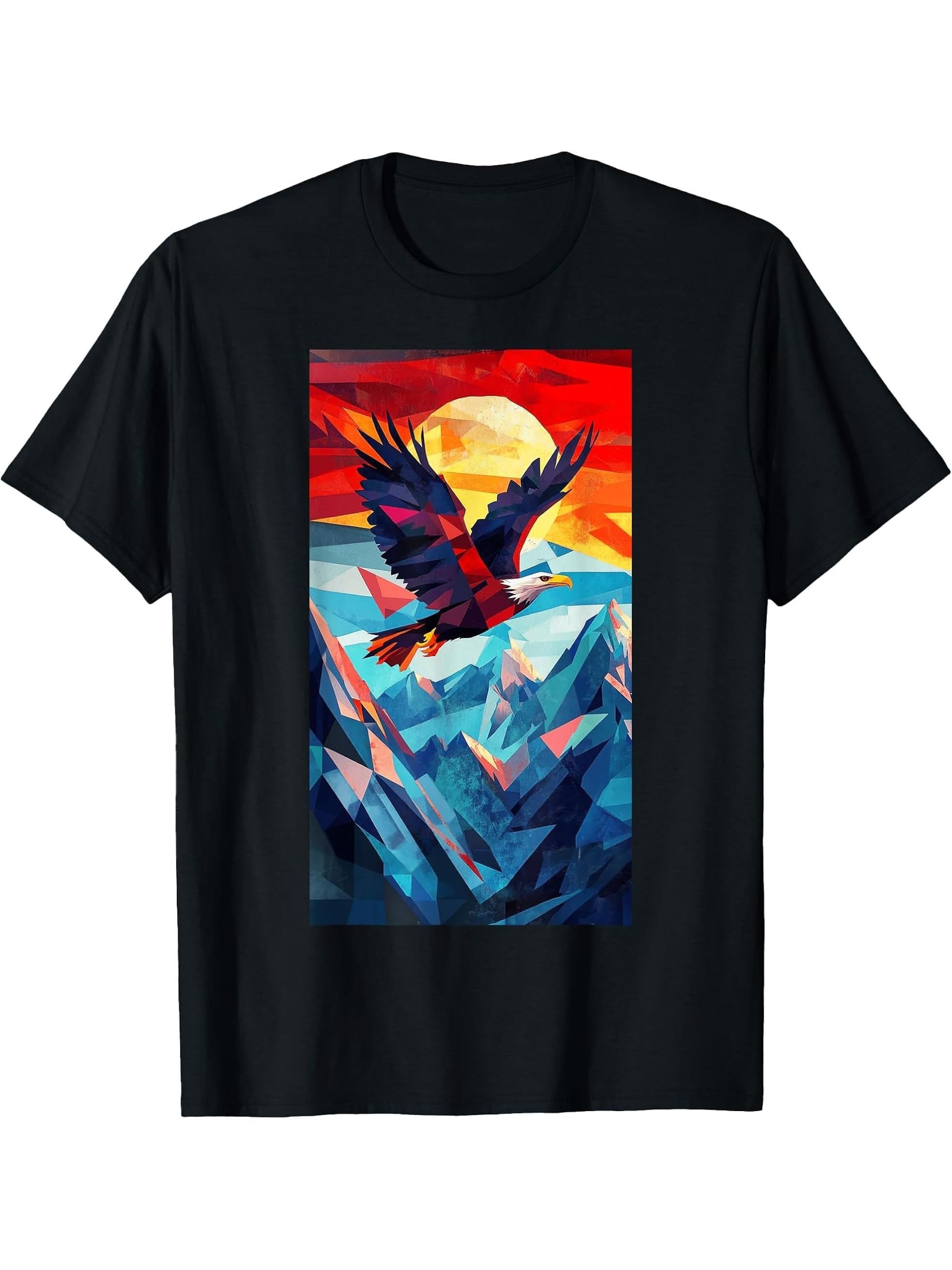 Bald Eagle Mountains Geometric Wildlife art T-Shirt 180G 100% Cotton Printed Round Neck Short-Sleeve T-Shirt, Gifts for Men Dad Husband Grandpa, S-XXXL, Black