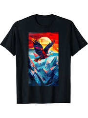 Bald Eagle Mountains Geometric Wildlife art T-Shirt 180G 100% Cotton Printed Round Neck Short-Sleeve T-Shirt, Gifts for Men Dad Husband Grandpa, S-XXXL, Black