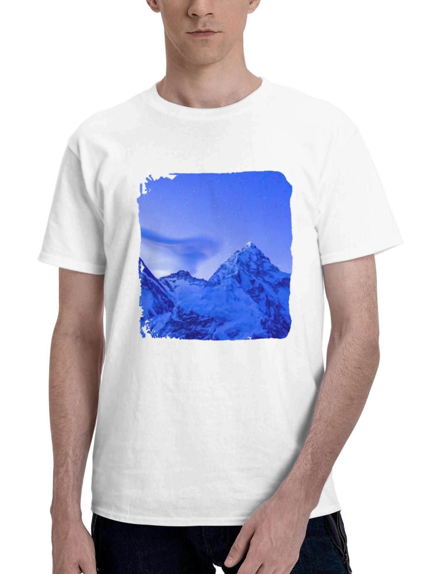 Base Camp Lights Mount Everest 180G 100% Cotton Printed Round Neck Short-Sleeve T-Shirt, Gifts for Men Dad Husband Grandpa, S-XXXL, White