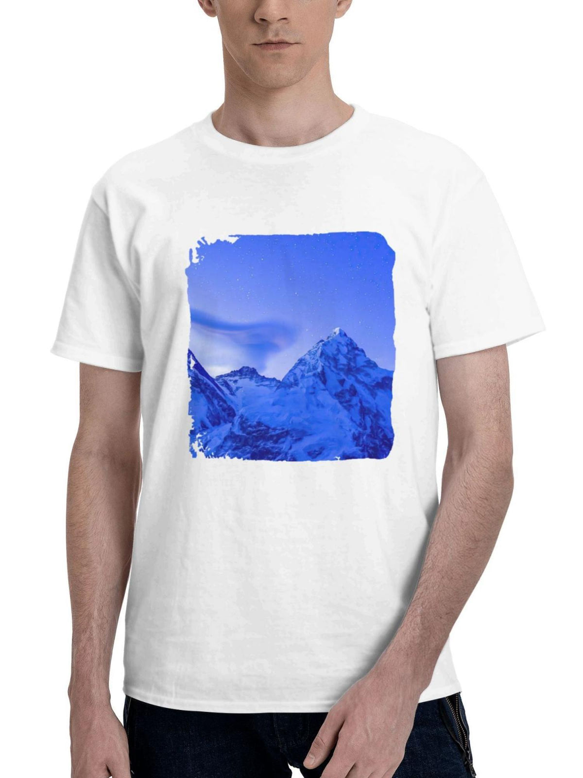 Base Camp Lights Mount Everest 180G 100% Cotton Printed Round Neck Short-Sleeve T-Shirt, Gifts for Men Dad Husband Grandpa, S-XXXL, White