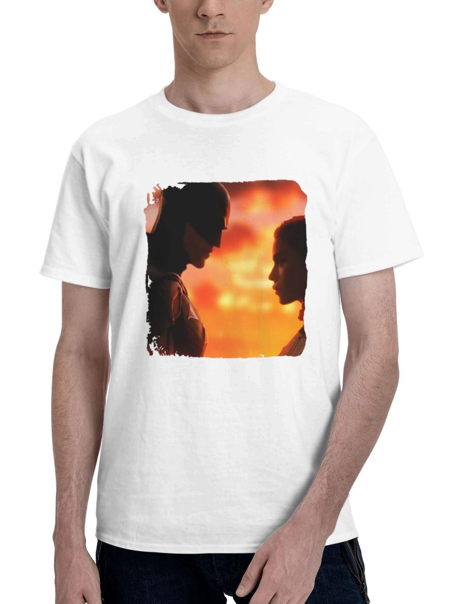 Bat And Cat Poster 180G 100% Cotton Printed Round Neck Short-Sleeve T-Shirt, Gifts for Men Dad Husband Grandpa, S-XXXL, White