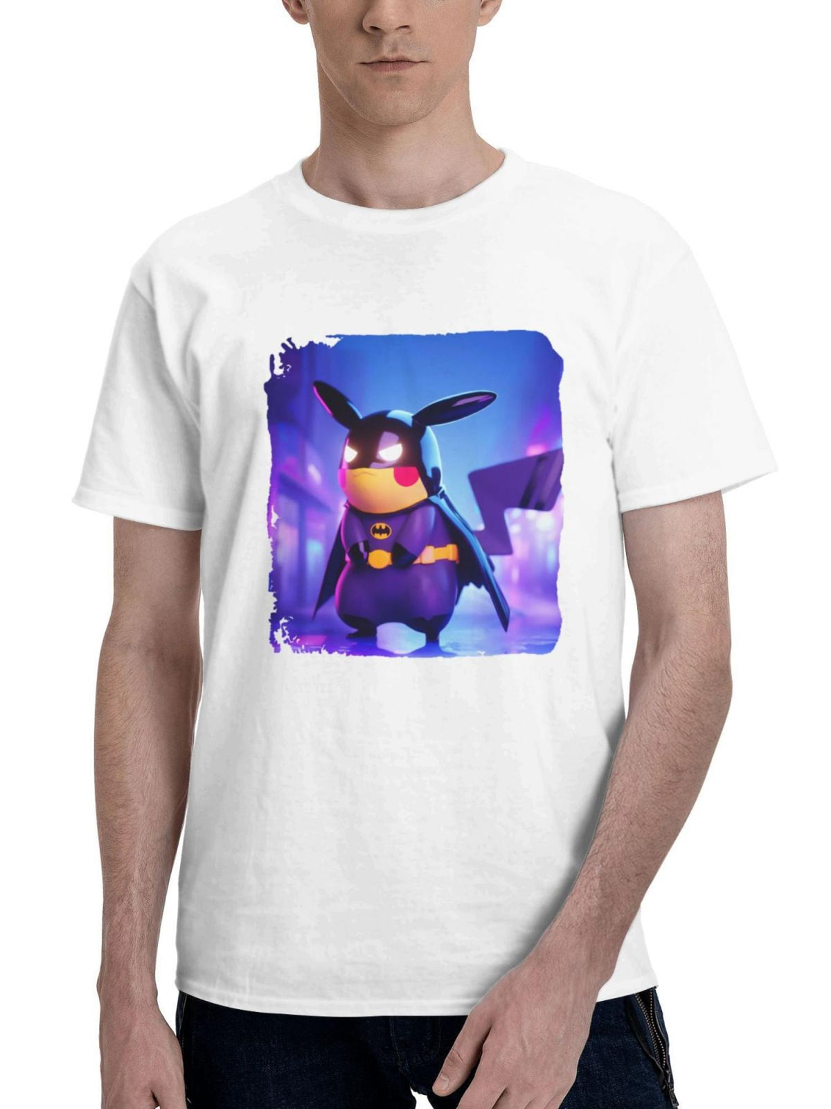 Bat Pikachu 180G 100% Cotton Printed Round Neck Short-Sleeve T-Shirt, Gifts for Men Dad Husband Grandpa, S-XXXL, White