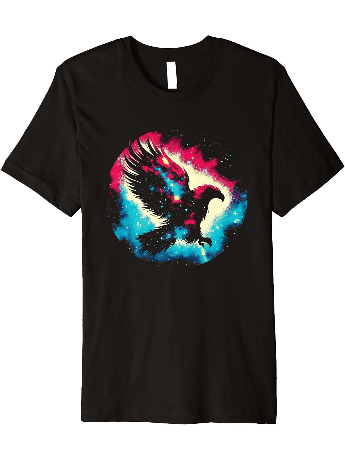 Eagle Galaxy - Colorful Bald Eagle Bird Animal Lover Premium T-Shirt 180G 100% Cotton Printed Round Neck Short-Sleeve T-Shirt, Gifts for Men Dad Husband Grandpa, S-XXXL, Black
