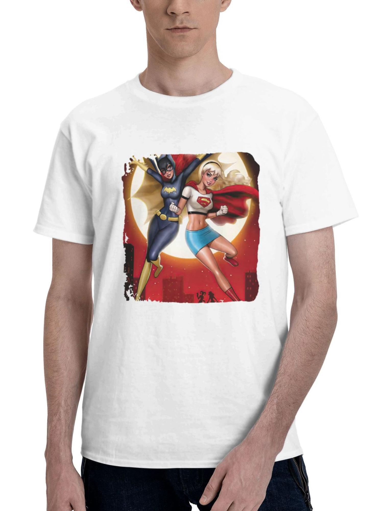 Batgirl And Supergirl Heroes United 180G 100% Cotton Printed Round Neck Short-Sleeve T-Shirt, Gifts for Men Dad Husband Grandpa, S-XXXL, White
