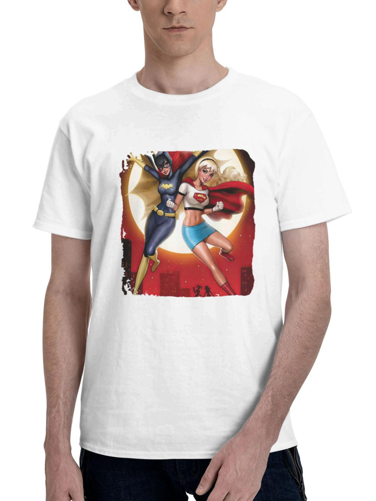Batgirl And Supergirl Heroes United 180G 100% Cotton Printed Round Neck Short-Sleeve T-Shirt, Gifts for Men Dad Husband Grandpa, S-XXXL, White