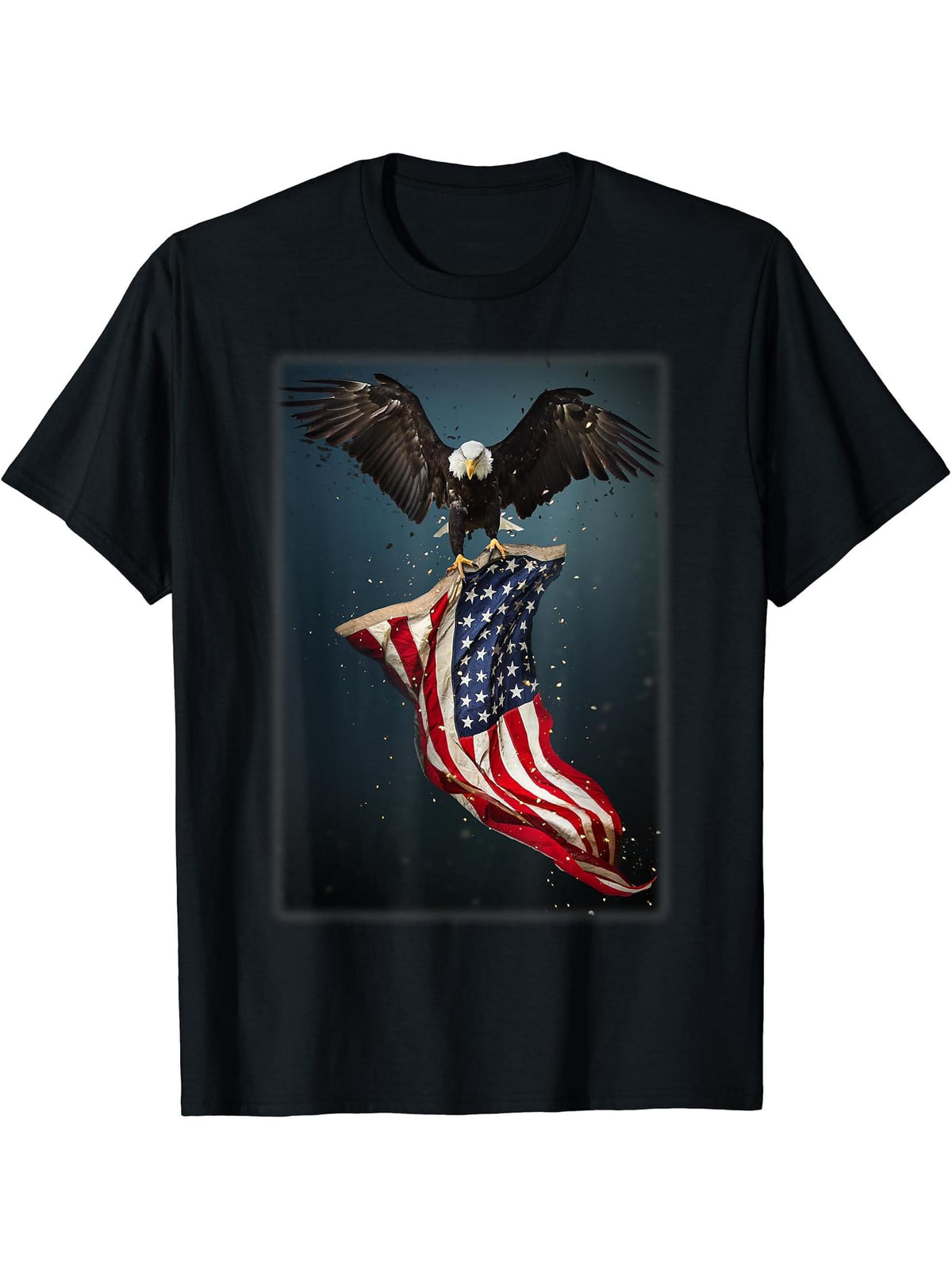Bald Eagle USA American Flag 4th of July Patriotic Art Tee T-Shirt 180G 100% Cotton Printed Round Neck Short-Sleeve T-Shirt, Gifts for Men Dad Husband Grandpa, S-XXXL, Black