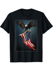 Bald Eagle USA American Flag 4th of July Patriotic Art Tee T-Shirt 180G 100% Cotton Printed Round Neck Short-Sleeve T-Shirt, Gifts for Men Dad Husband Grandpa, S-XXXL, Black