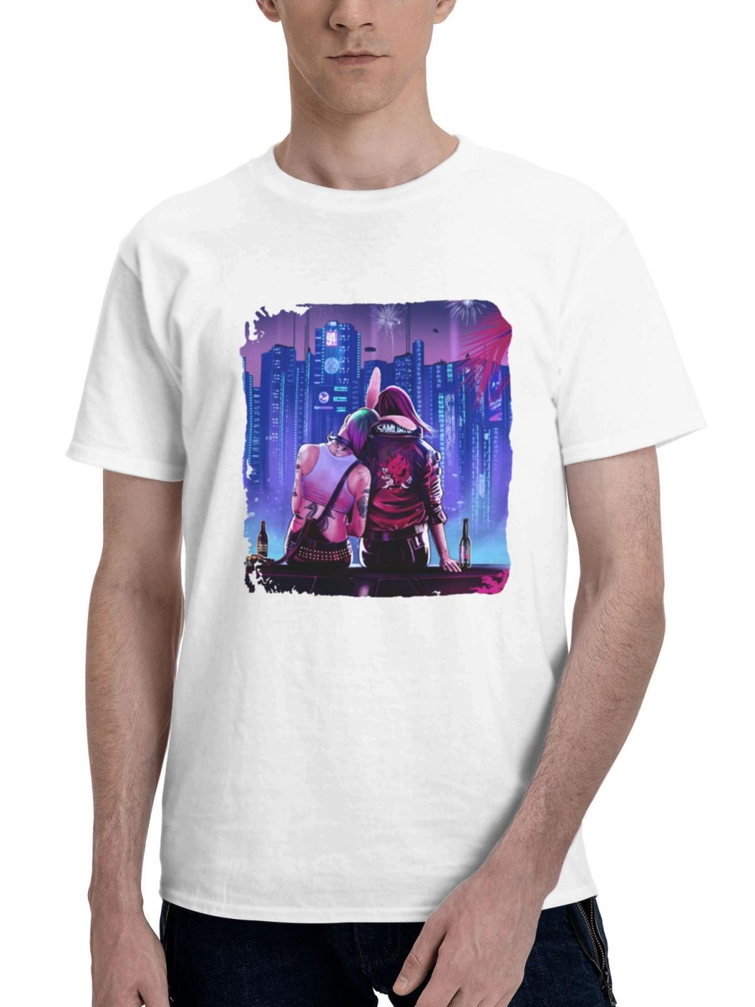 2024 Cyberpunk 2077 Game 180G 100% Cotton Printed Round Neck Short-Sleeve T-Shirt, Gifts for Men Dad Husband Grandpa, S-XXXL, White