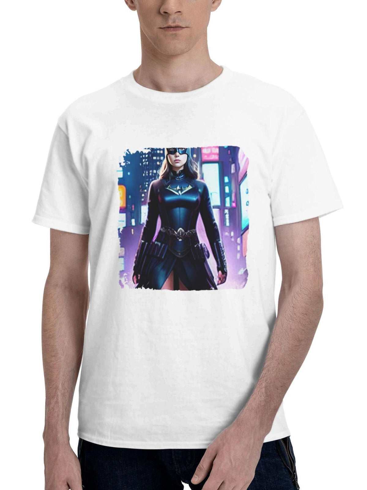Batgirl In Tokyo 180G 100% Cotton Printed Round Neck Short-Sleeve T-Shirt, Gifts for Men Dad Husband Grandpa, S-XXXL, White