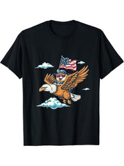 4th Of July Bald Eagle Dog American Flag Fourth Of July USA T-Shirt 180G 100% Cotton Printed Round Neck Short-Sleeve T-Shirt, Gifts for Men Dad Husband Grandpa, S-XXXL, Black