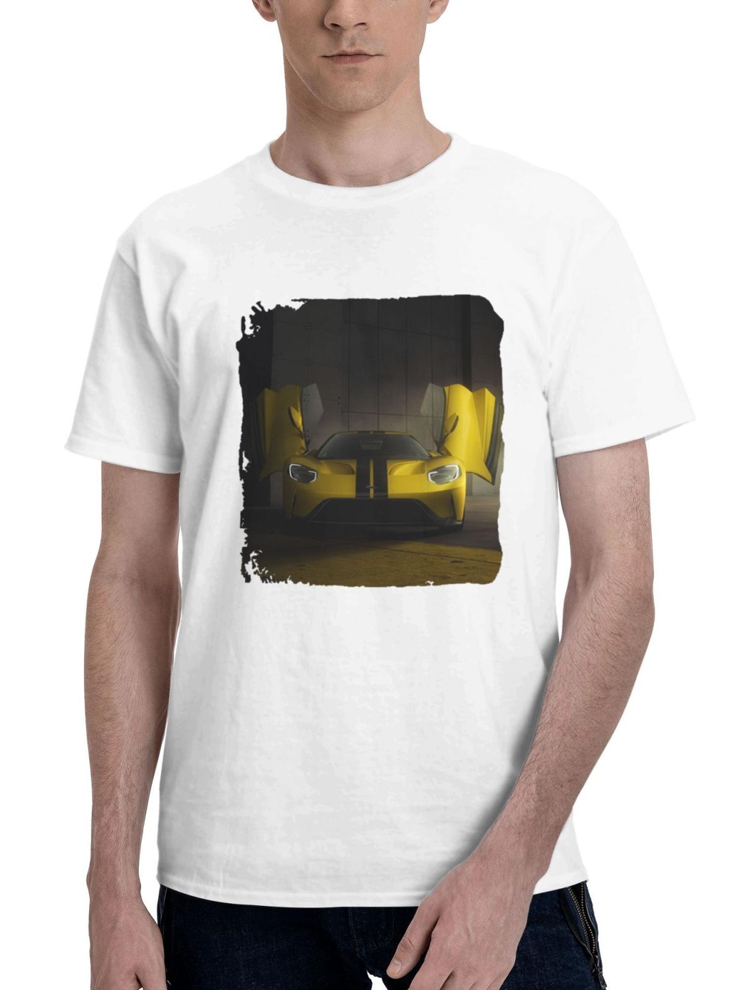 2024 Yellow Ford Gt 180G 100% Cotton Printed Round Neck Short-Sleeve T-Shirt, Gifts for Men Dad Husband Grandpa, S-XXXL, White