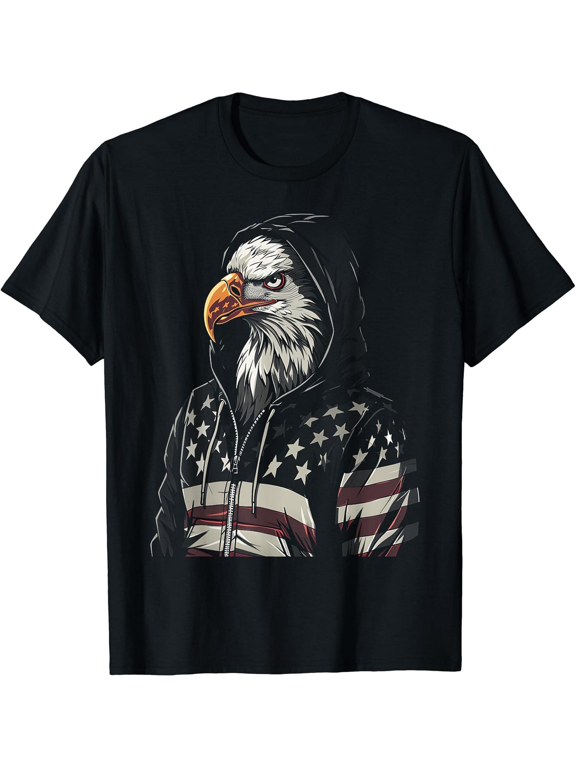 American Flag Bald Eagle USA Pride Patriotic Gift T-Shirt 180G 100% Cotton Printed Round Neck Short-Sleeve T-Shirt, Gifts for Men Dad Husband Grandpa, S-XXXL, Black