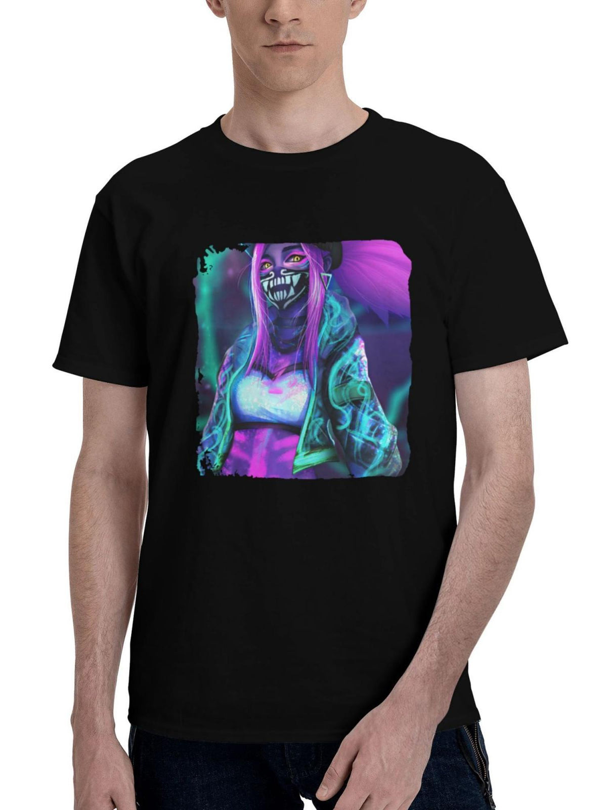 Kda-Akali Fan Art 180G 100% Cotton Printed Round Neck Short-Sleeve T-Shirt, Christmas Gifts for Men Dad Husband Grandpa, S-XXXL, Black