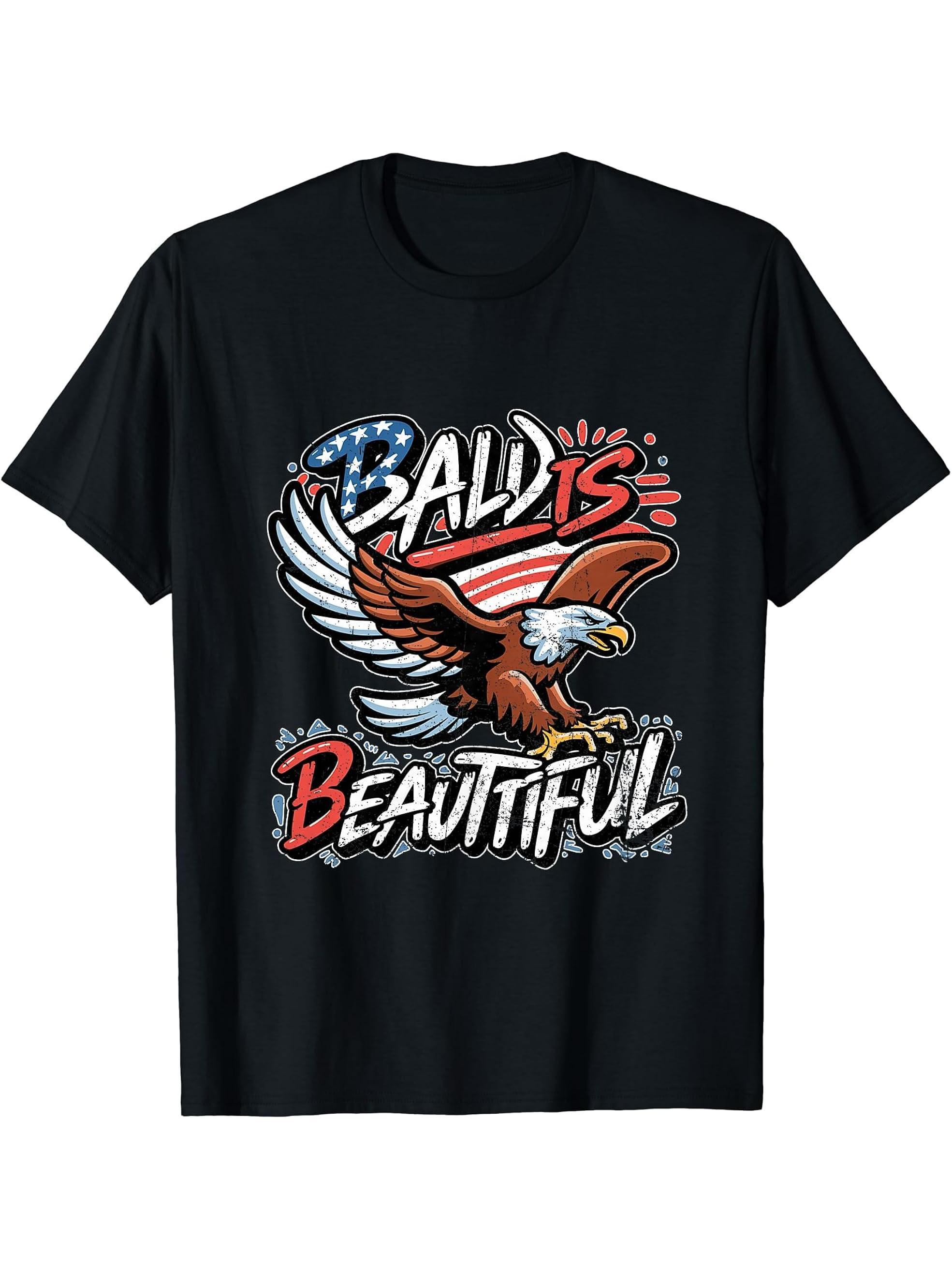 4th of July Bald Is Beautiful Bald Eagle Men Women Gift T-Shirt 180G 100% Cotton Printed Round Neck Short-Sleeve T-Shirt, Gifts for Men Dad Husband Grandpa, S-XXXL, Black