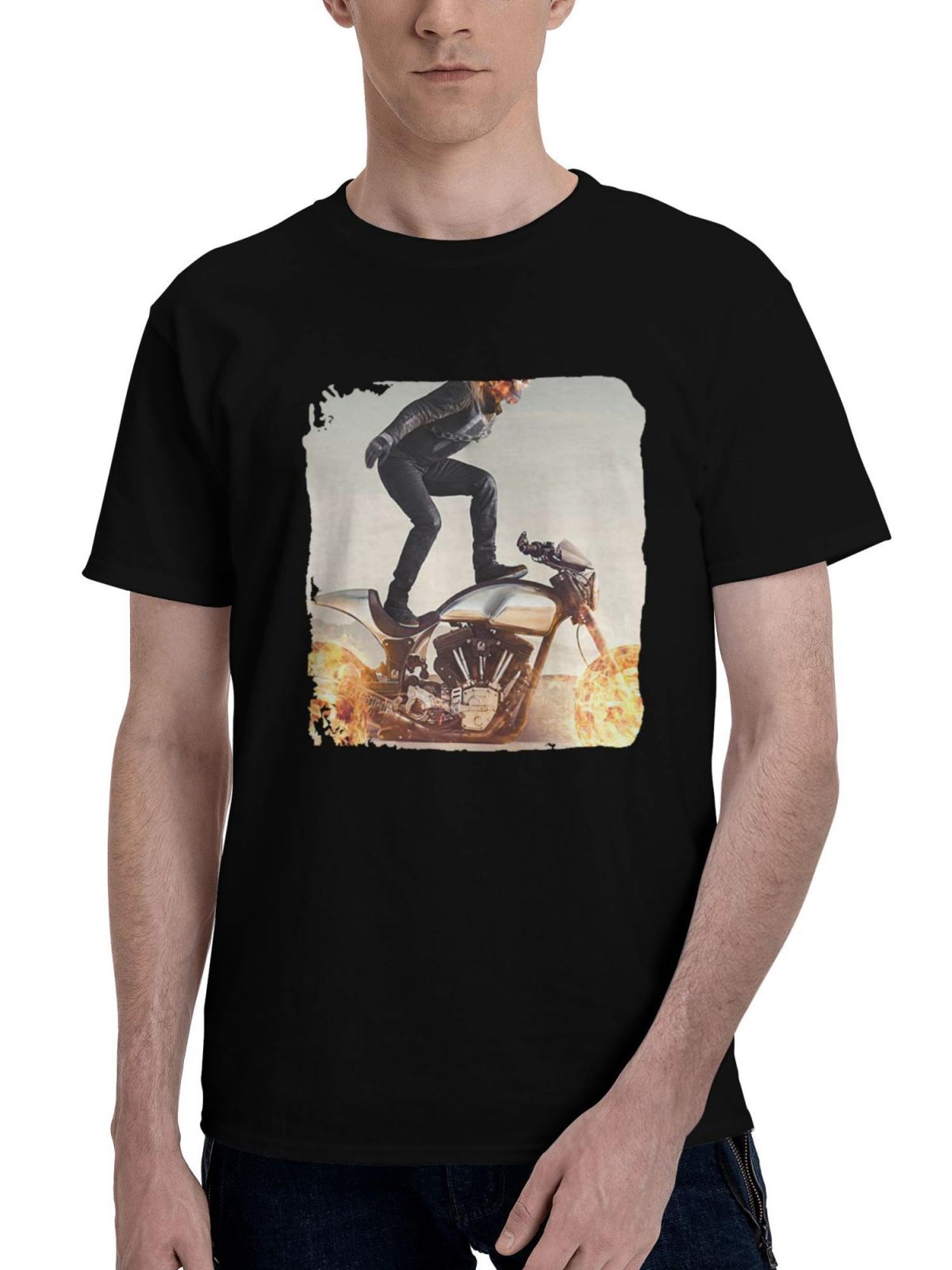 Keanu-Reeves On Biker Ghost Rider 180G 100% Cotton Printed Round Neck Short-Sleeve T-Shirt, Christmas Gifts for Men Dad Husband Grandpa, S-XXXL, Black