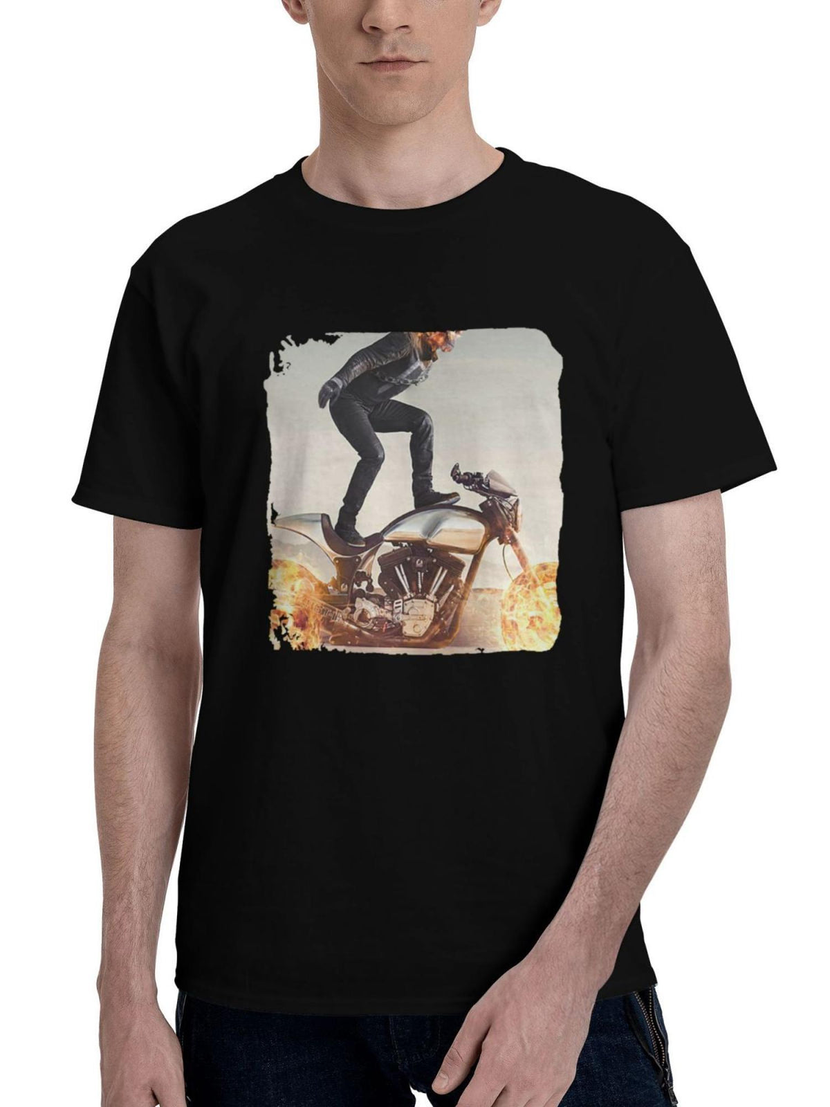 Keanu-Reeves On Biker Ghost Rider 180G 100% Cotton Printed Round Neck Short-Sleeve T-Shirt, Christmas Gifts for Men Dad Husband Grandpa, S-XXXL, Black