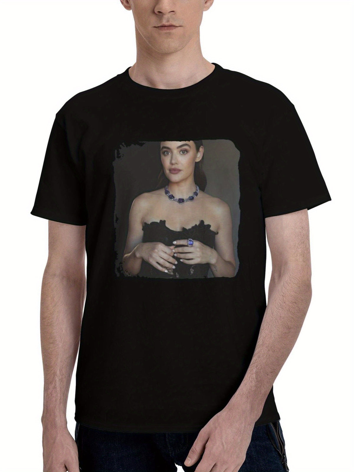 Lucy-Hale Vogue Germany 2024 180G 100% Cotton Printed Round Neck Short-Sleeve T-Shirt, Christmas Gifts for Men Dad Husband Grandpa, S-XXXL, Black