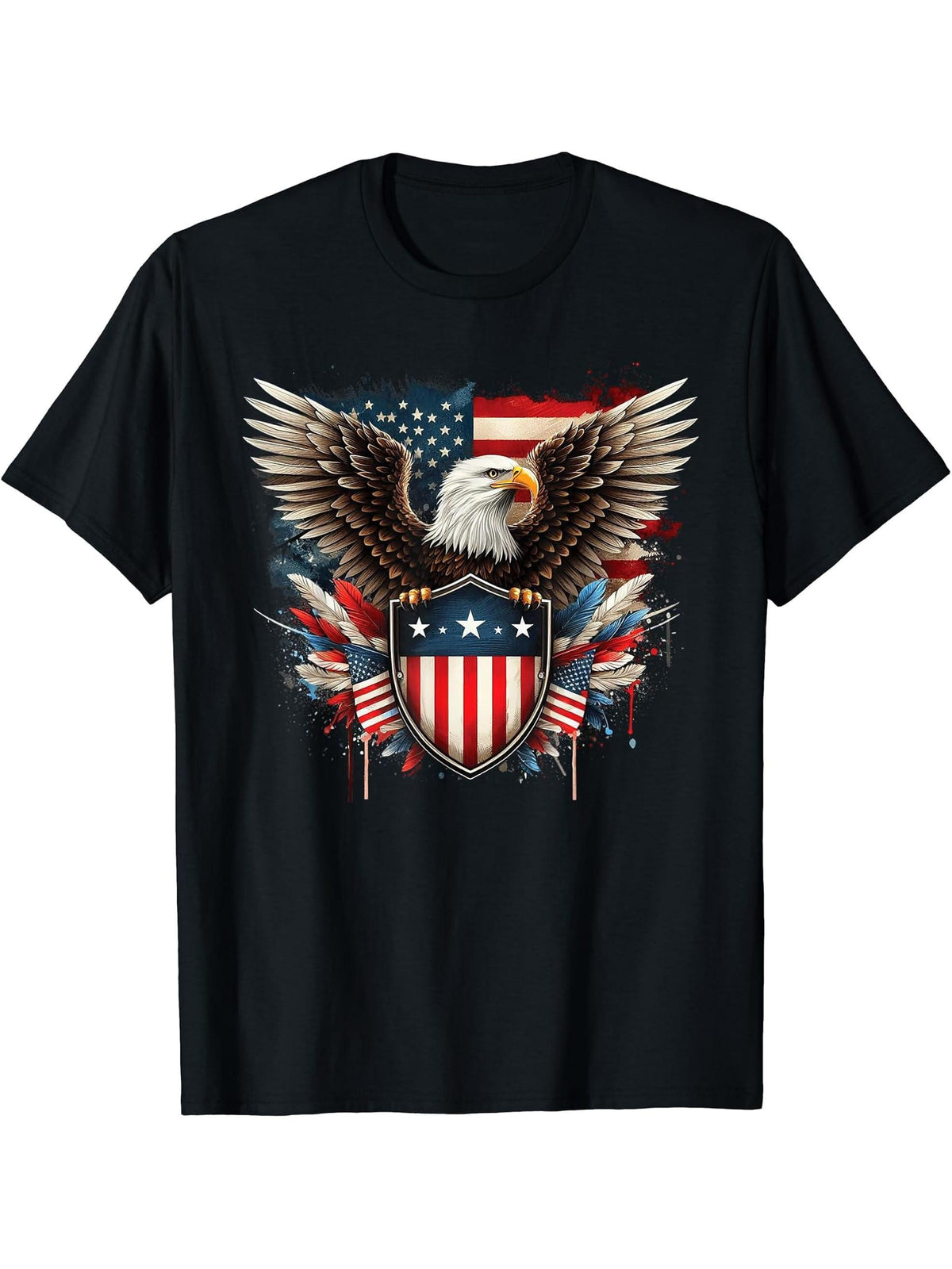Bald Eagle American Flag 4th of July United States T-Shirt 180G 100% Cotton Printed Round Neck Short-Sleeve T-Shirt, Gifts for Men Dad Husband Grandpa, S-XXXL, Black