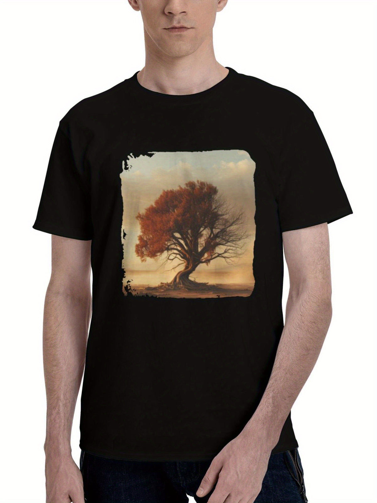 Alone-Tree 180G 100% Cotton Printed Round Neck Short-Sleeve T-Shirt, Christmas Gifts for Men Dad Husband Grandpa, S-XXXL, Black